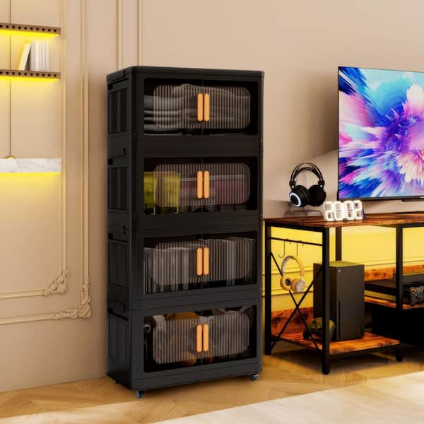 40.5 in. 4-Shelf Black Folding Kitchen Pantry Cabinet on Wheel