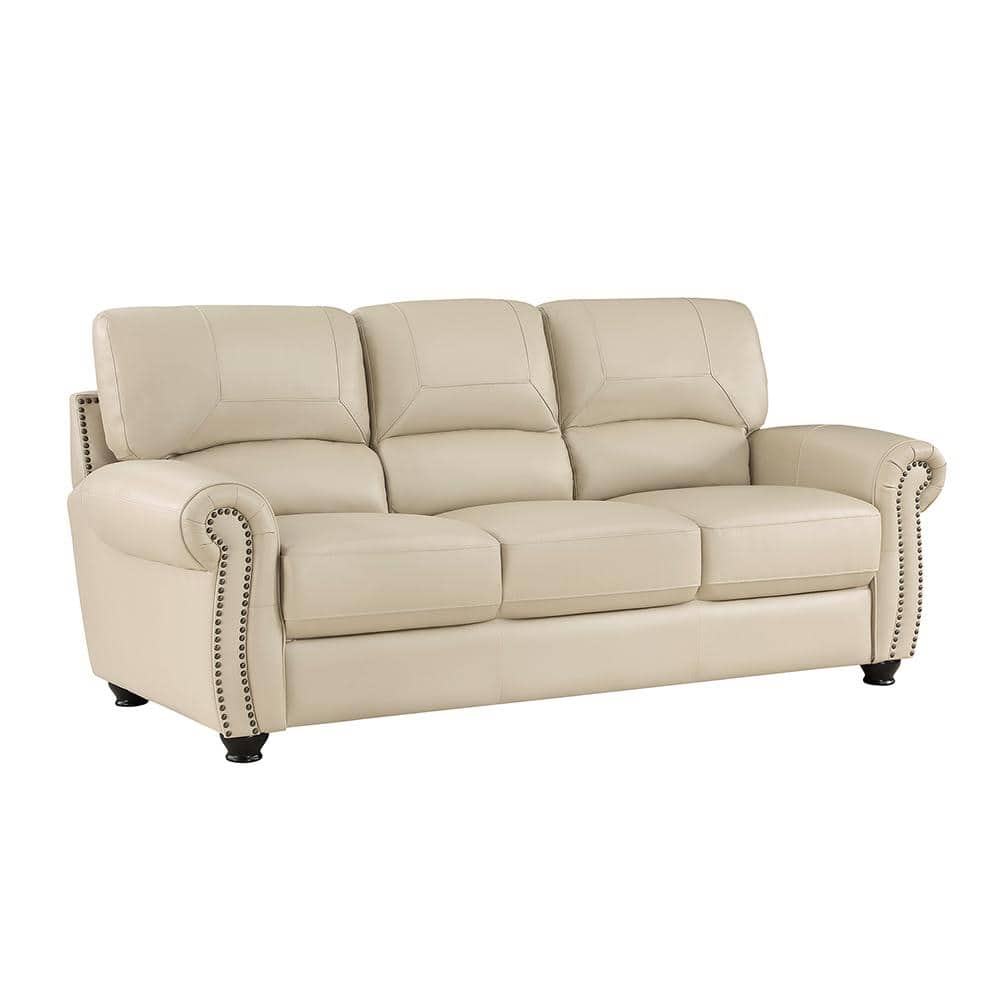 Cream Faux Leather Tufted Sofa with Nailhead Trim