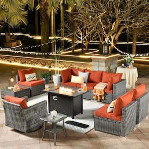 Daffodil C Gray 10-Piece Wicker Patio Fire Pit Conversation Sofa Set with Swivel Rocking Chairs and Orange Red Cushions