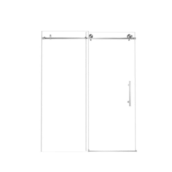 56 in.-60 in. W x 76 in. H Single Sliding Frameless Shower Door in Brushed Nickel w/ 1/4 in. (6 mm) Clear Tempered Glass