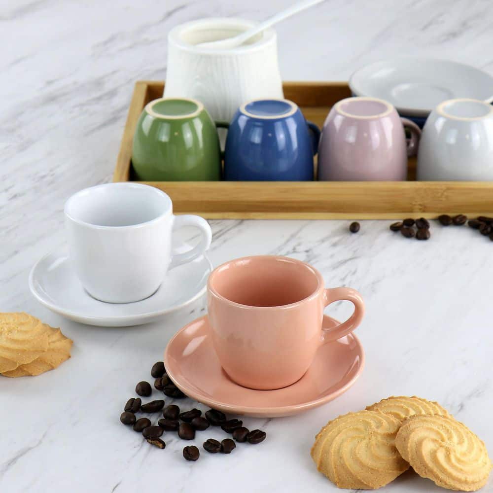 Colorful Stoneware Espresso Cup Set with Matching Saucers