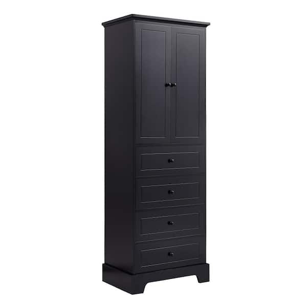 Siavonce 15.70 in. W x 23.60 in. D x 68.10 in. H Black Linen Cabinet Storage Cabinet with 2 Doors and 4 Drawers Adjustable Shelf