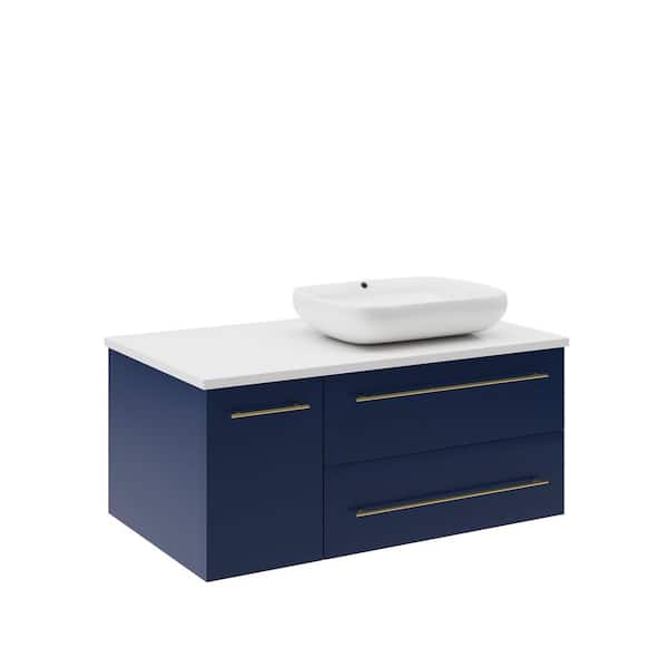 Fresca Lucera 36 in. Single Sink Wall Mount Royal Blue Bath Vanity with White Quartz Top and Vessel Sink - Right Version