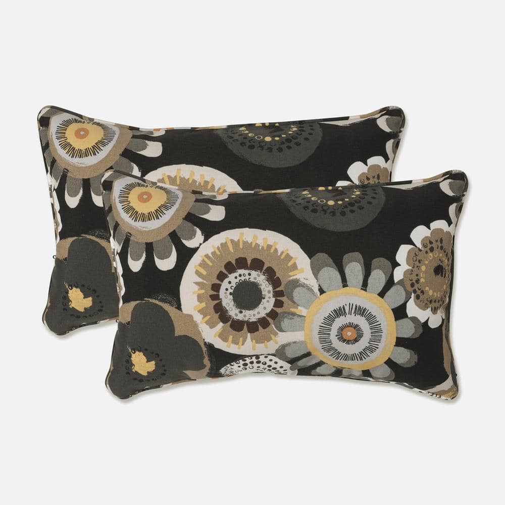 Set of 2 Black and Yellow Floral Rectangular Outdoor Pillows