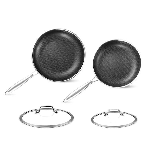 10-12 Piece Tri-Ply Hybrid Nonstick Stainless Steel Deep Frying Pan Set with Lids Induction Compatible