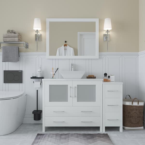 Vanity Art Ravenna 48 in. W Bathroom Vanity in White with Single Basin in White Engineered Marble Top and Mirror