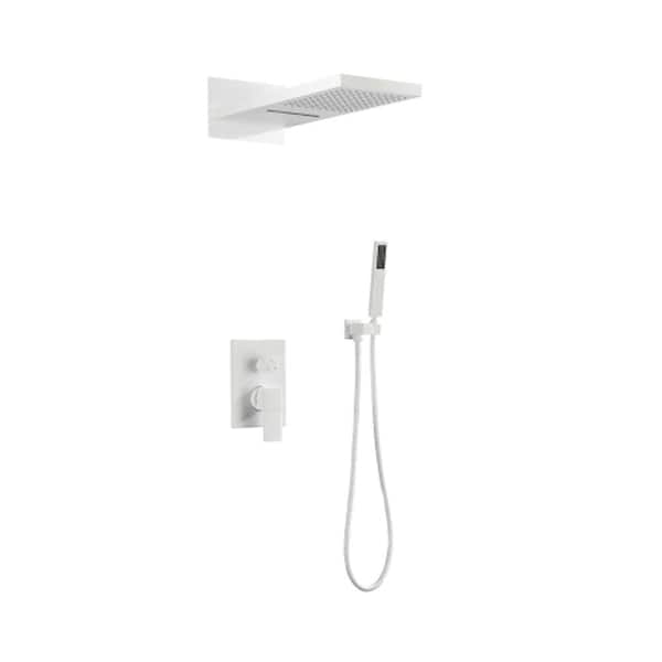 Lukvuzo 9 in. 2-spray Dual 2.5 GPM Adjustable Flow Rate Shower System Set with Rectangle Head and Handheld Shower in White