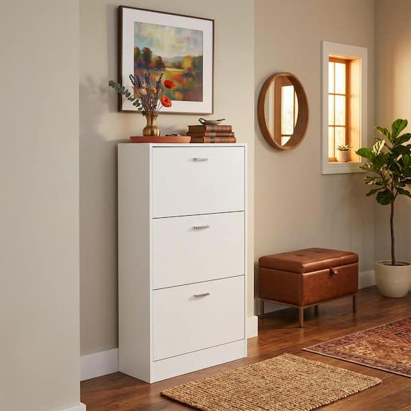 22.4 in. W x 41.7 in. H White Wood Shoe Storage Cabinet with 6-Foldable Compartments up to 18-Pairs