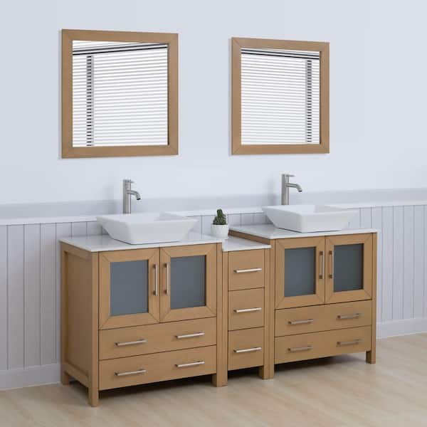 72 in. W Double Basin Natural Oak Bath Vanity with White Engineered Marble Top and Mirror