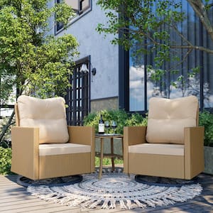 3-Piece Wicker Outdoor Rocking Chair Patio Swivel Chair and Side Table with Beige Cushions