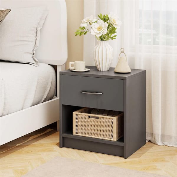 Dark Gray 1-Drawer 15 in. Modern Nightstand Bedside Table with Drawer Open Storage Shelf for Small Spaces