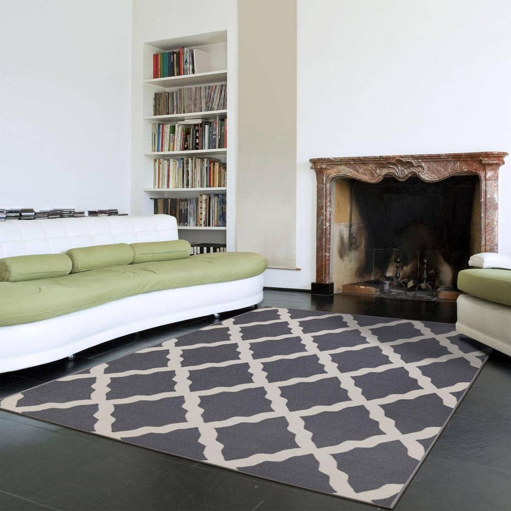 Gray and White Washable Non-Slip Trellis Area Rug