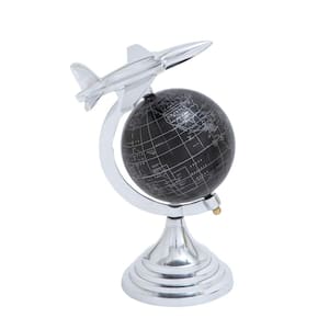 12 in. Silver Aluminum Airplane World Map Decorative Globe