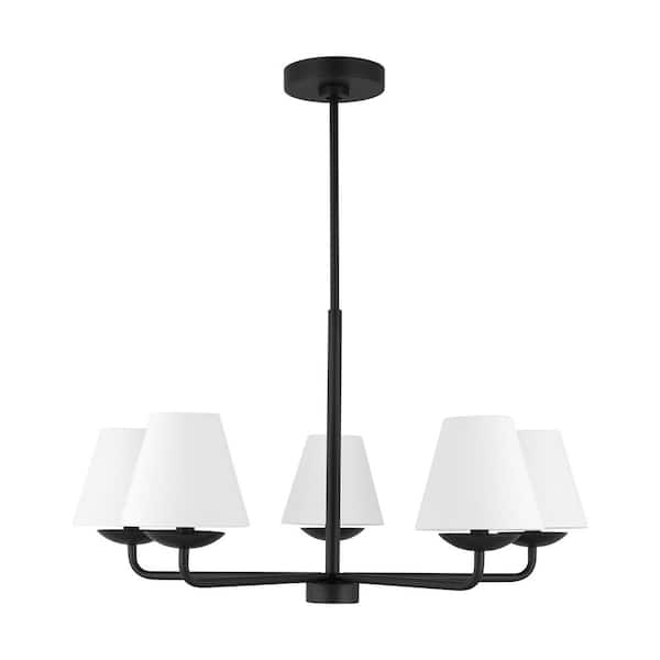SCOTT LIVING Albion 5-Light Midnight Black Medium Chandelier with White Linen Fabric Shades and No Bulbs Included
