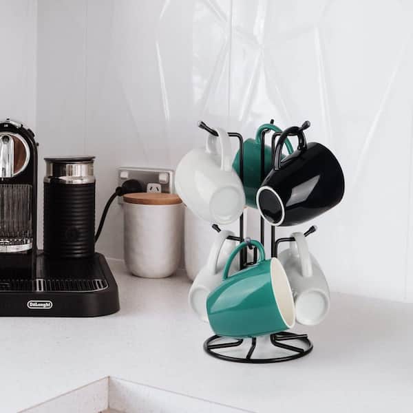 Mug Tree for Large Cups, Counter Coffee Mug Holder with 6 Hooks, Metal Coffee Cup Holder Tree, Black