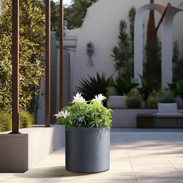 Medium Dark Gray Round Cylinder Concrete Planter Lightweight with Drainage Hole (10 in. L x 10 in. W x 10 in. H)