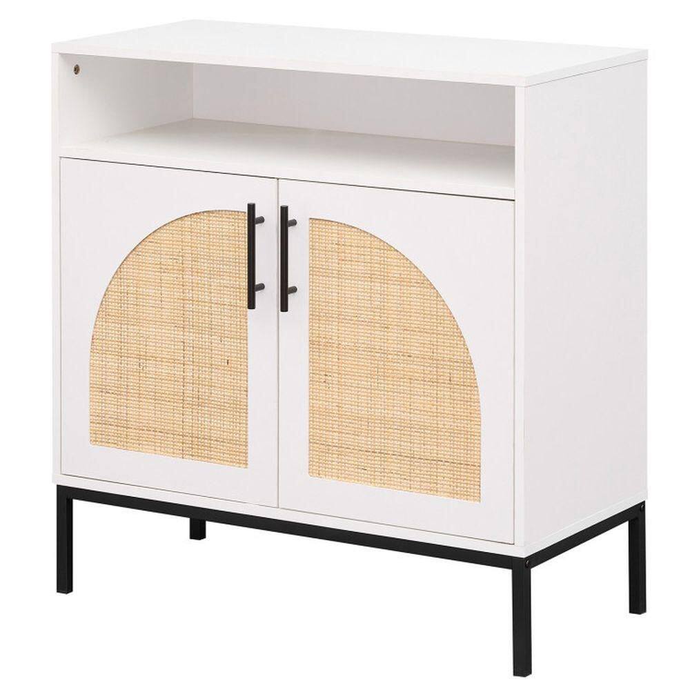 White MDF Rattan Buffet with 2 Doors, Adjustable Shelf