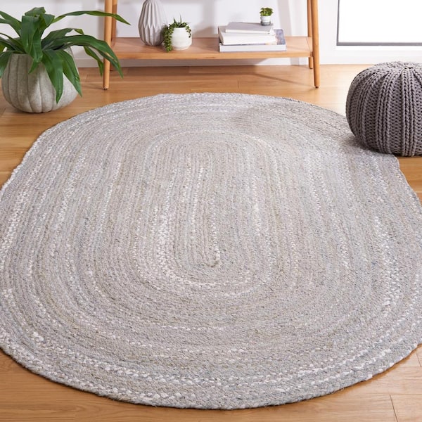 Braided Light Gray 4 ft. x 6 ft. Solid Color Striped Oval Area Rug