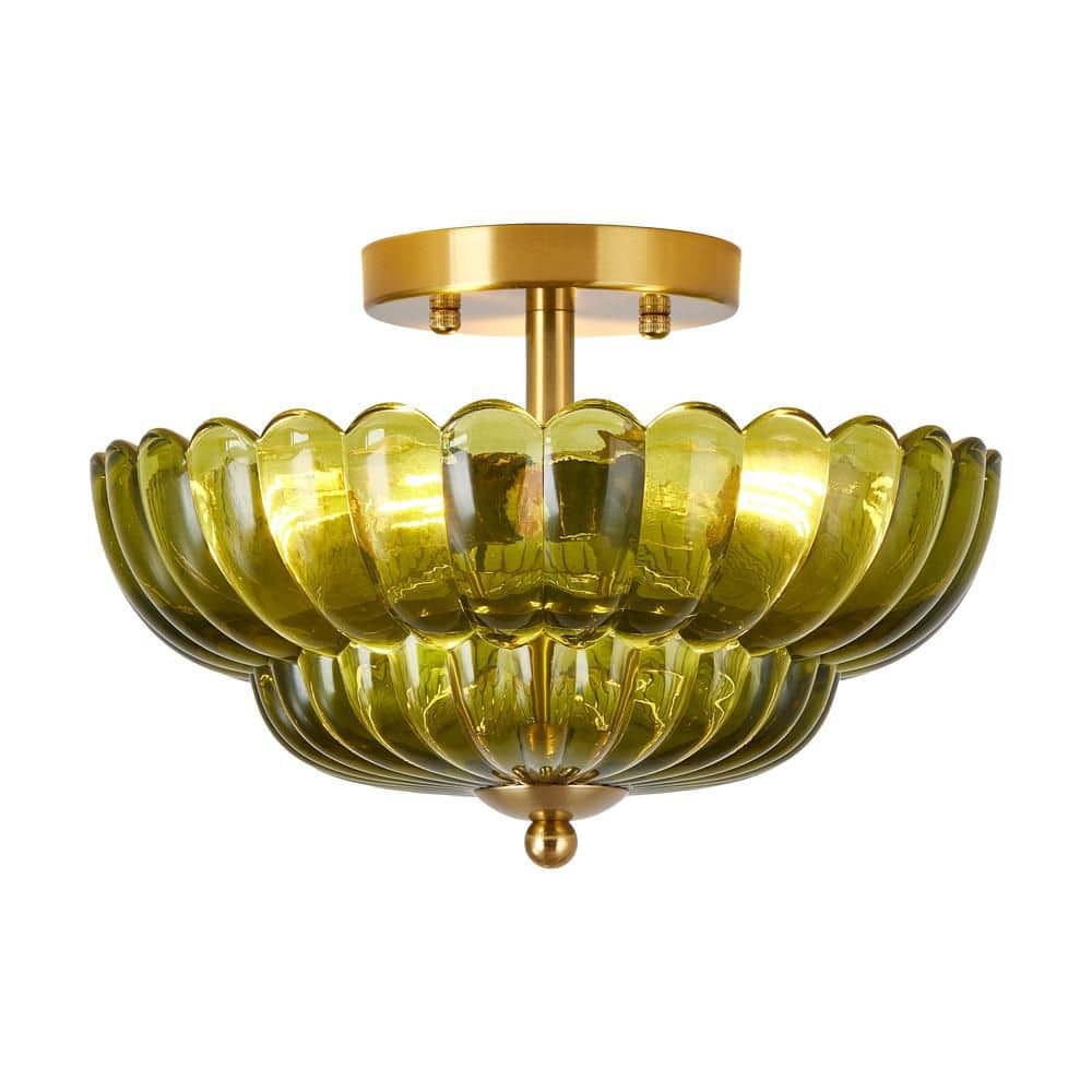 11.8 in. Vintage Bowl Polished Brass Green Glass Semi-Flush Mount for Living Room, Scalloped Flower Petal price history on PriceWatchPro