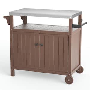 Outdoor Grill Cart Table with Storage Waterproof Grill Cabinet, Stainless Steel Tabletop Outdoor Kitchen Island, Brown