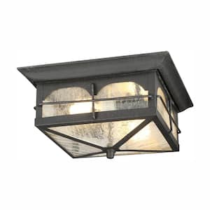 Brimfield 11 in. 2 Light Aged Iron Outdoor Weather Resistant Flush Mount Ceiling Light with Clear Seedy Glass Shade