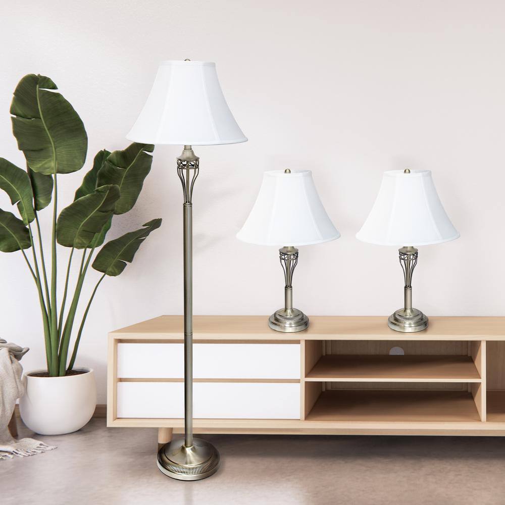 Antique Brass 3-Piece Lamp Set with White Bell Shades
