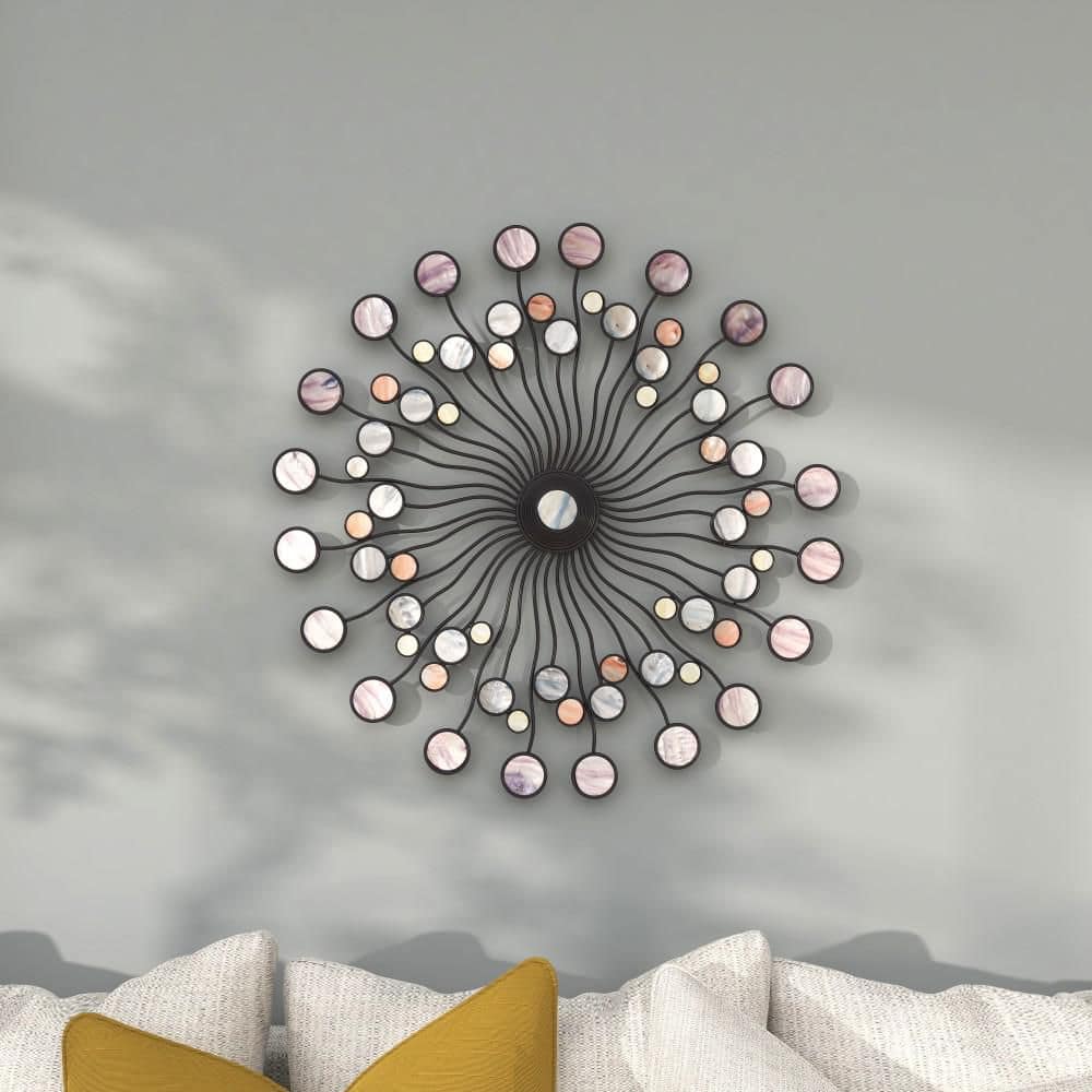 Multi-Colored Iron Sunburst Wall Sculpture with Marble Accents