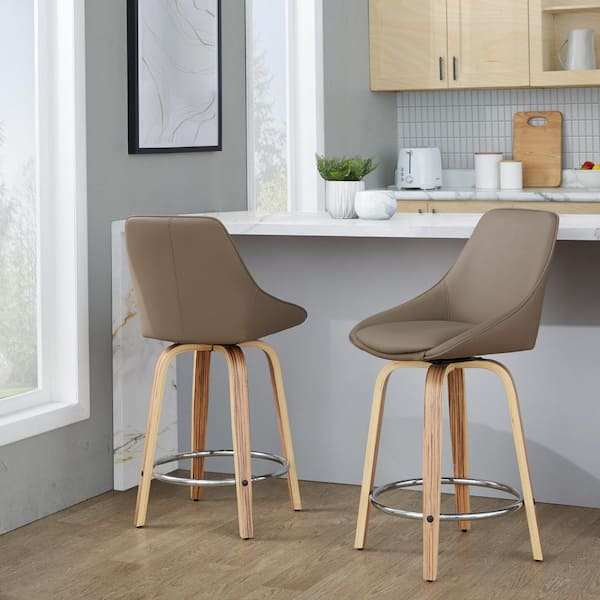 Diana 24.75 in. Brown Faux Leather, Zebra Wood, and Chrome Metal Fixed-Height Counter Stool (Set of 2)