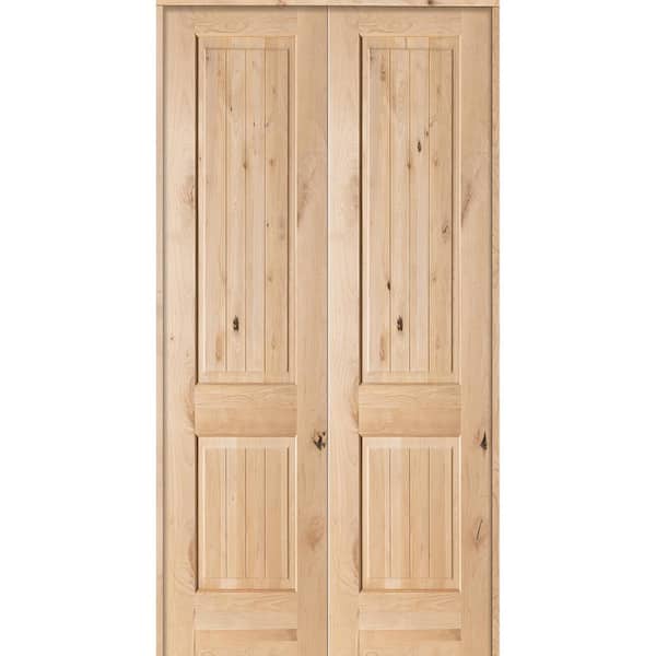 Krosswood Doors 48 in. x 96 in. Rustic Knotty Alder 2-Panel Sq-Top w.VG Both Active Solid Core Wood Double Prehung Interior French Door
