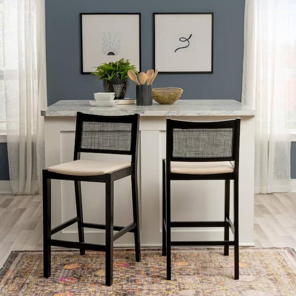 Lewis 29.25 in. Black Cane Low Back Wood Bar Stool with Fabric Seat Set of 2