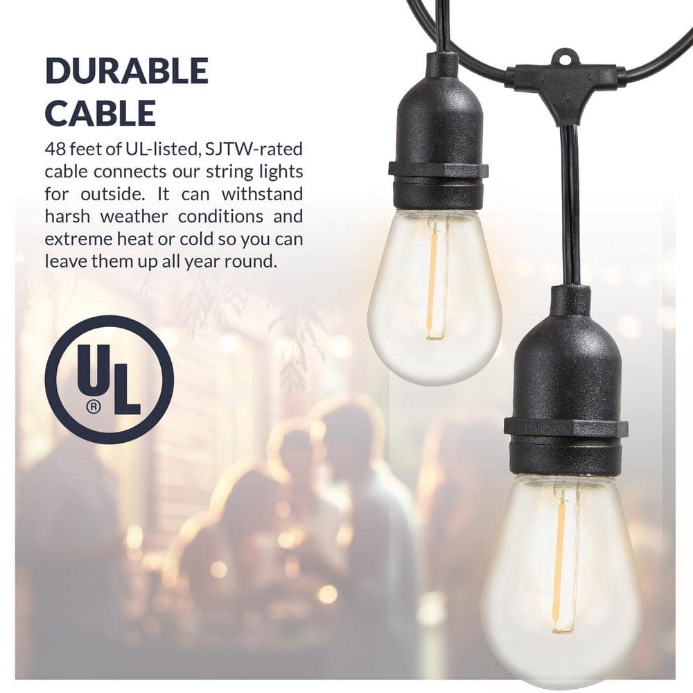 48ft Black Outdoor LED String Lights with Warm White Bulbs