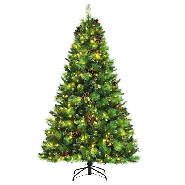 WELLFOR 7 ft. Pre-Lit LED Classical Artificial Christmas Tree with 500 LED Lights and Pine Cones and Red Berries