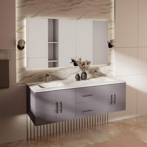 Geneva 60 in. W x 22 in. D Dark Grey Double Bath Vanity, White Quartz Top, and 60 in. LED Mirror