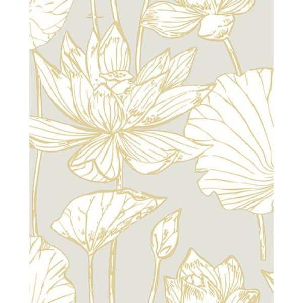 Metallic Gold and Gray Lotus Floral Peel and Stick Wallpaper