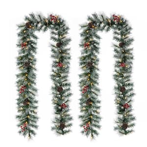 2-Pack 9 ft. Pre-Lit Greenery Pine Cones and  Red Berries Artificial Christmas Garland, with 50 White Lights with Timer