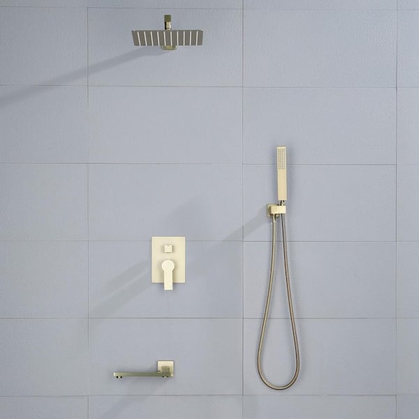 Satico Single-Handle 3-Spray Hand Shower Retractable Tub Faucet with 10 in. Rain Shower Heads in Brushed Gold(Valve Included)