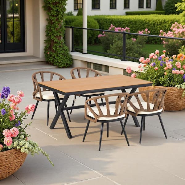 Unbranded 5-Piece All-Weather Metal Patio Outdoor Dining Set with Beige Cushions, Plastic Wood Table, 4 PE Rattan Armchairs