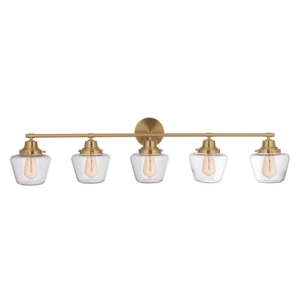Essex 48'' Satin Brass 5-Light Vanity with Clear Glass Shades