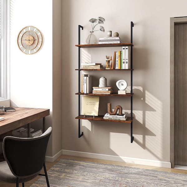 30 in. W x 12 in. D Brown Wood 4-Tier Ladder Shelf Bookshelf Industrial Decorative Wall Shelf 2-Piece