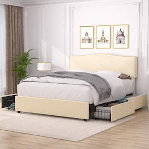 Velvet Storage Beige Metal Frame Full Platform Bed with 4 Drawers, Upholstered Bed with Adjustable Headboard