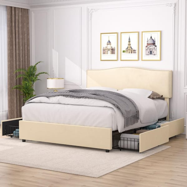 VECELO Velvet Storage Beige Metal Frame Full Platform Bed with 4 Drawers, Upholstered Bed with Adjustable Headboard