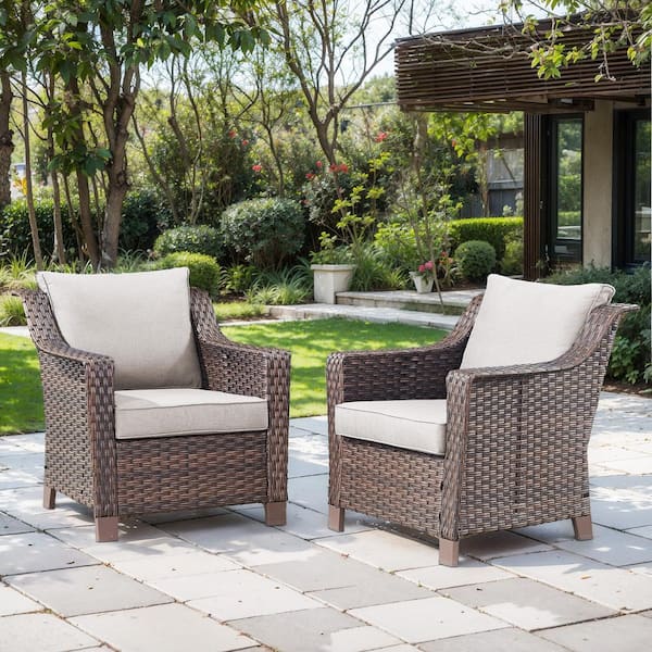 4-Piece Brown Wicker Patio Conversation Set with Beige Olefin Cushions and 4 in. Wide Armrest/Lounge Chairs