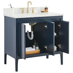 Exeter 36 in. W x 21 in. D x 34 in. H Single Sink Bath Vanity in Navy with Carrara Marble Top and Ceramic Basin