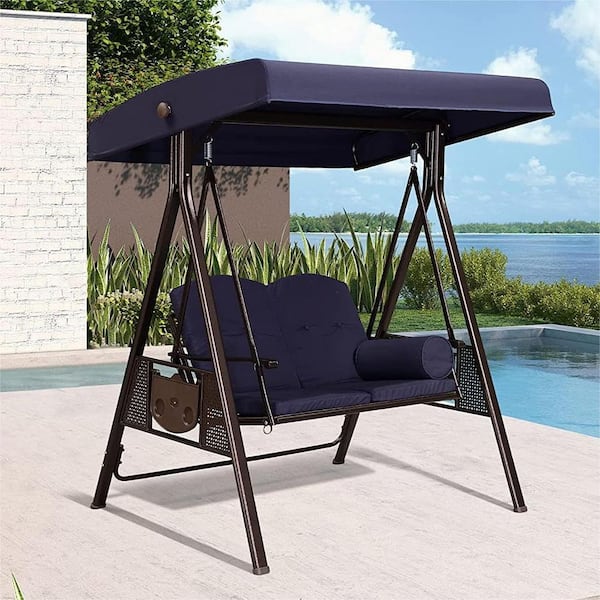PURPLE LEAF 2-Person All-Weather Steel Frame Porch Swing Adjustable Tilt Canopy, Cushions and Pillow Included, Navy Blue