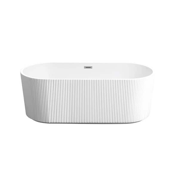 59.10 in. x 29.50 in. Flat Bottom Linear Acrylic Freestanding Soaking Bathtub with Center Drain in Glossy White