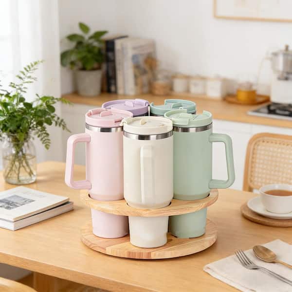 Wood Yellow Water Bottle Organizer 5 Hooks with 360° Rotating and Cup Mug Hook for Stanley Cups 40oz/30oz/20oz (1-Pack)