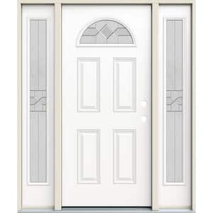 60 in. x 80 in. Left-Hand Fan Lite Decorative Glass Caldwell Modern White Fiberglass Prehung Front Door W/Sidelites
