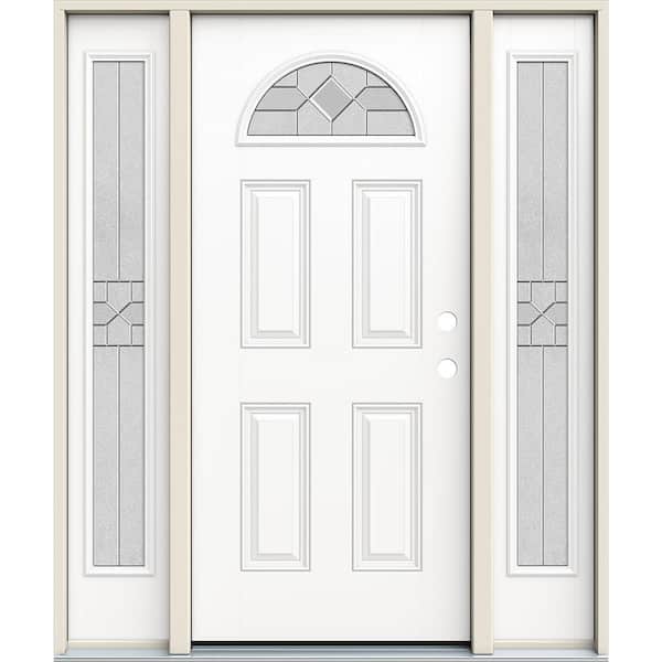 JELD-WEN 60 in. x 80 in. Left-Hand Fan Lite Decorative Glass Caldwell Modern White Fiberglass Prehung Front Door W/Sidelites