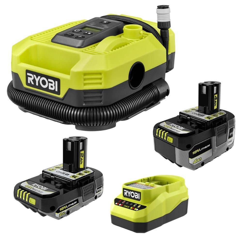 RYOBI ONE+ 18V Kit w/ 4.0 Ah Battery, 2.0 Ah Battery, Charger, & FREE ONE+ Cordless Inflator/Deflator (PSK1212SBPCL031)