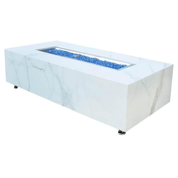 Elementi Carrara 60 in. L x 28 in. W x 17 in. H Outdoor Rectangular Marble Porcelain Natural Gas Fire Pit Table w/Blue Fire Glass